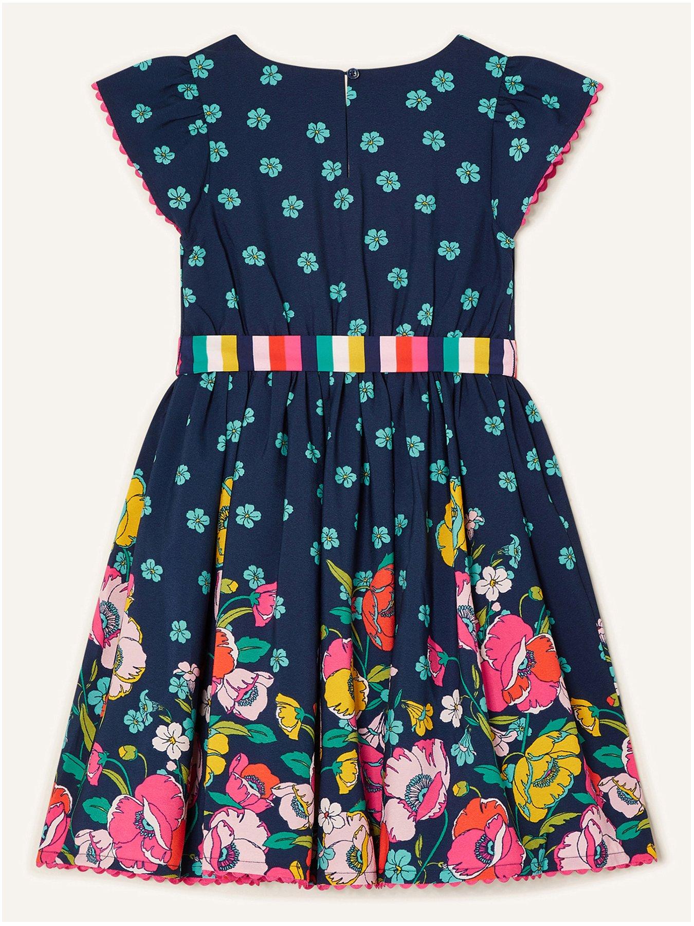 Monsoon Girls S.e.w. Geo Border Floral Dress - Navy | very.co.uk