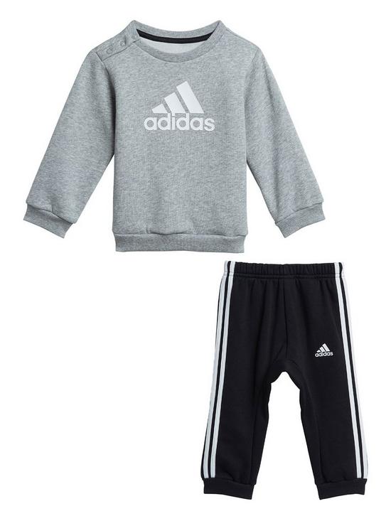 front image of adidas-sportswear-infants-unisex-badge-of-sport-crew-amp-jog-pant-set-greyblack