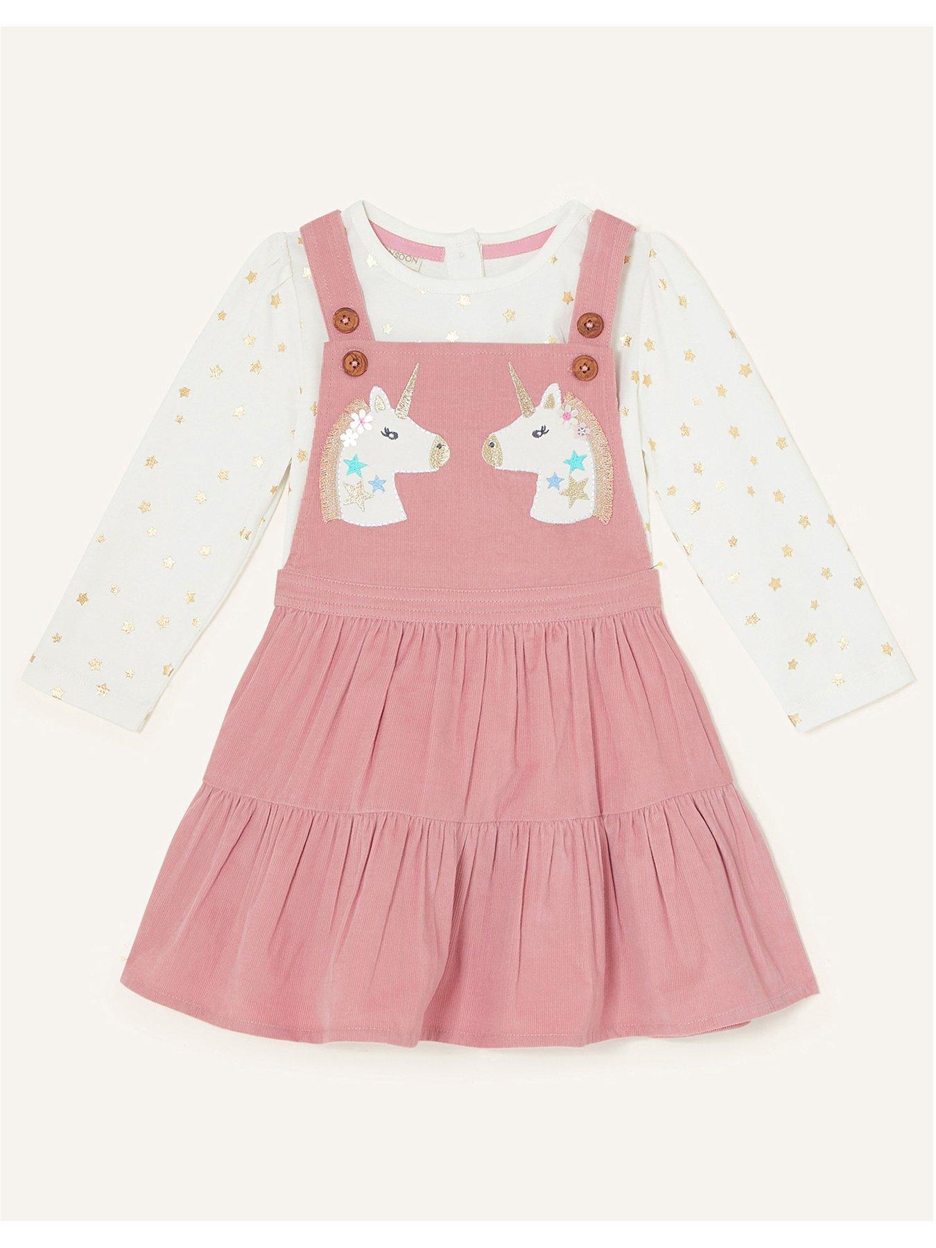 Kids Baby Girls Unicorn Pinny Dress And Top - Pink