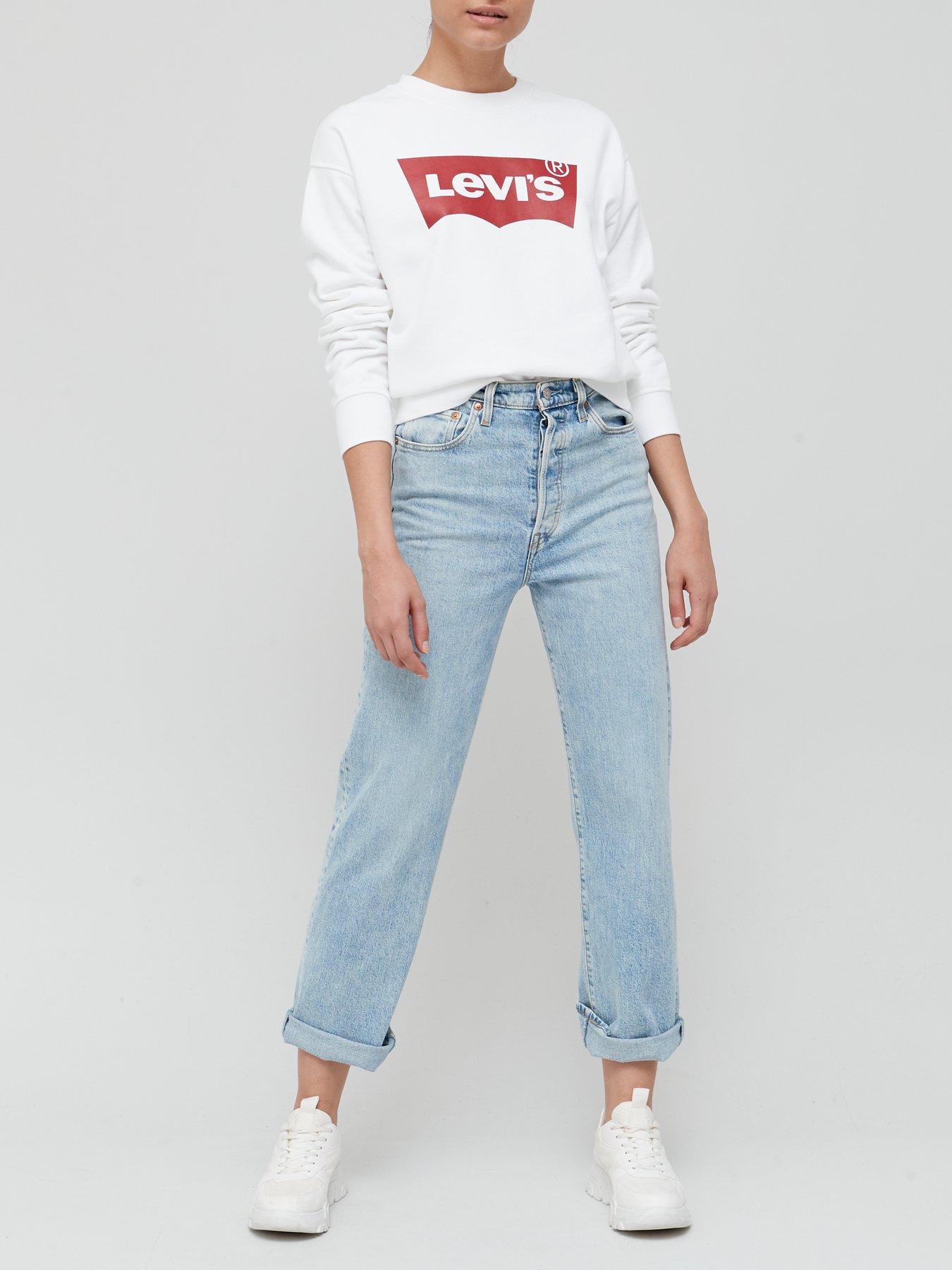 Levi s 100 Cotton Batwing Logo Standard Crew Neck Jumper White Very