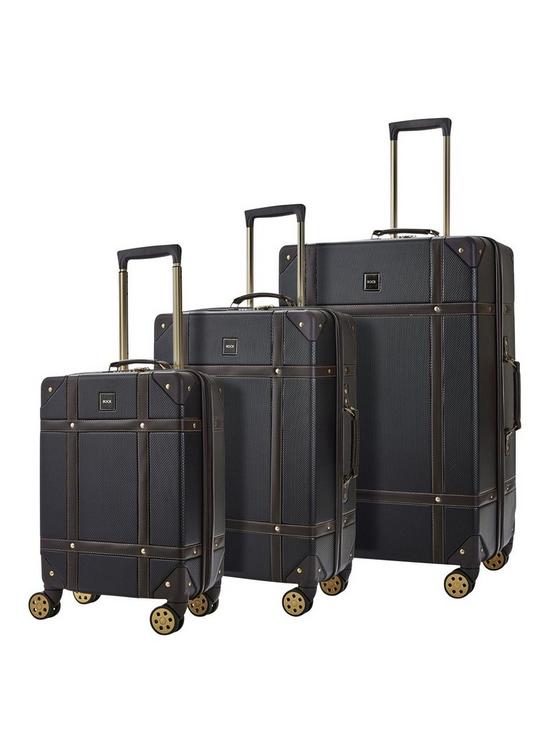 front image of rock-luggage-vintage-8-wheel-suitcases-3-piece-set-black