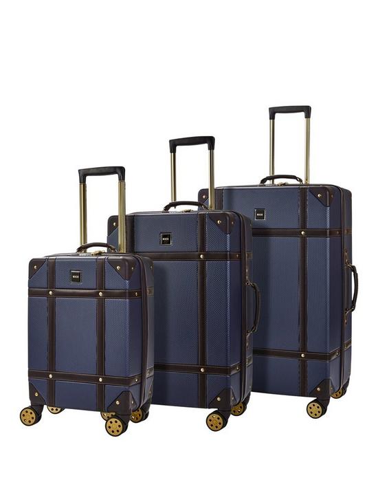 front image of rock-luggage-vintage-8-wheel-suitcases-3-piece-set-navy
