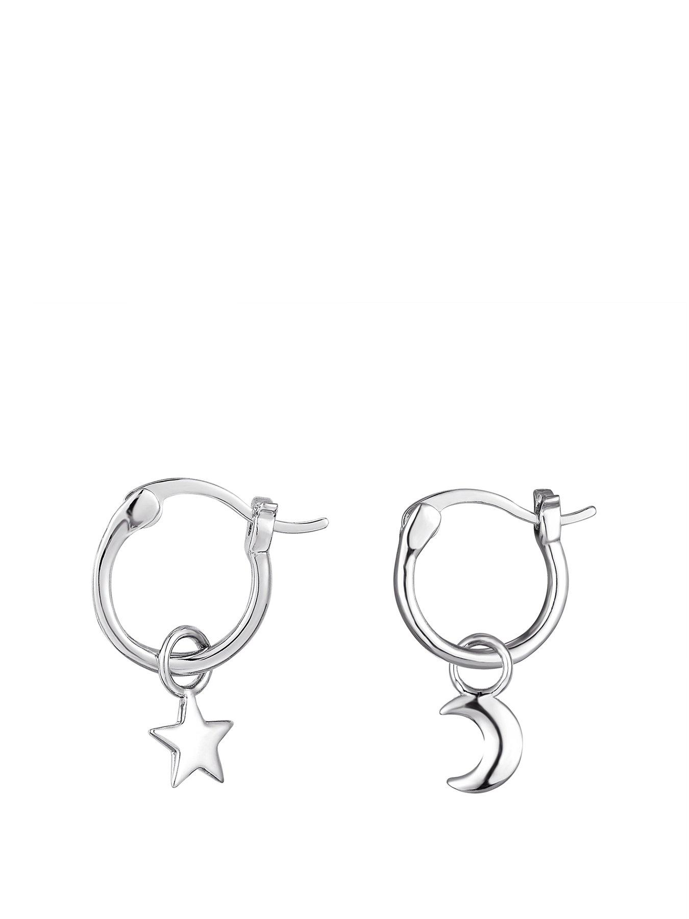 undefined Sterling Silver Moon & Star Huggie Hoop Earrings