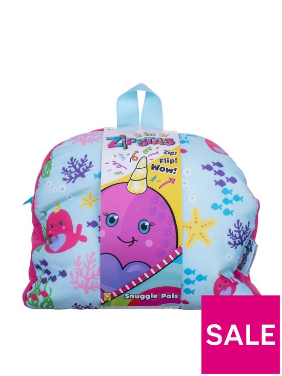 stillFront image of zipstas-snuggle-pals-2-in-1-reversible-girls-backpack-to-narwhal-soft-toy