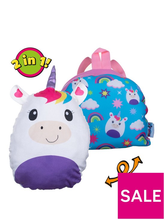 front image of zipstas-snuggle-pals-2-in-1-reversible-girls-backpack-to-unicorn-soft-toy