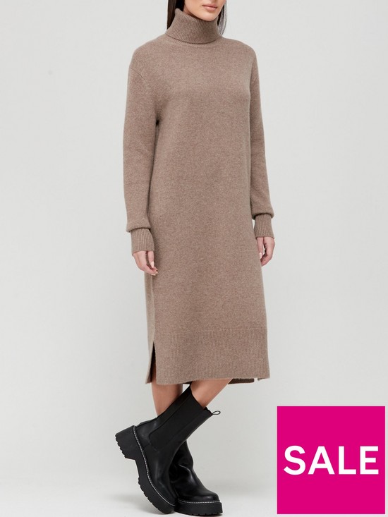 front image of joseph-high-neck-pure-cashmere-dress-taupe