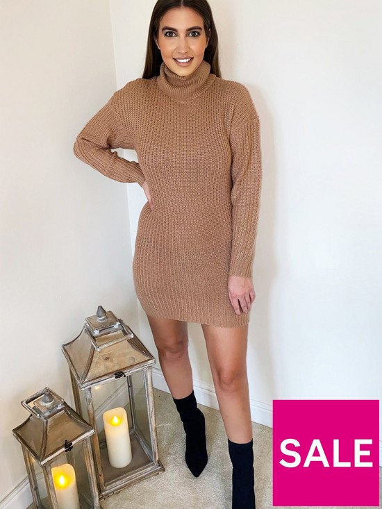 front image of ax-paris-roll-neck-knitted-dress-camel