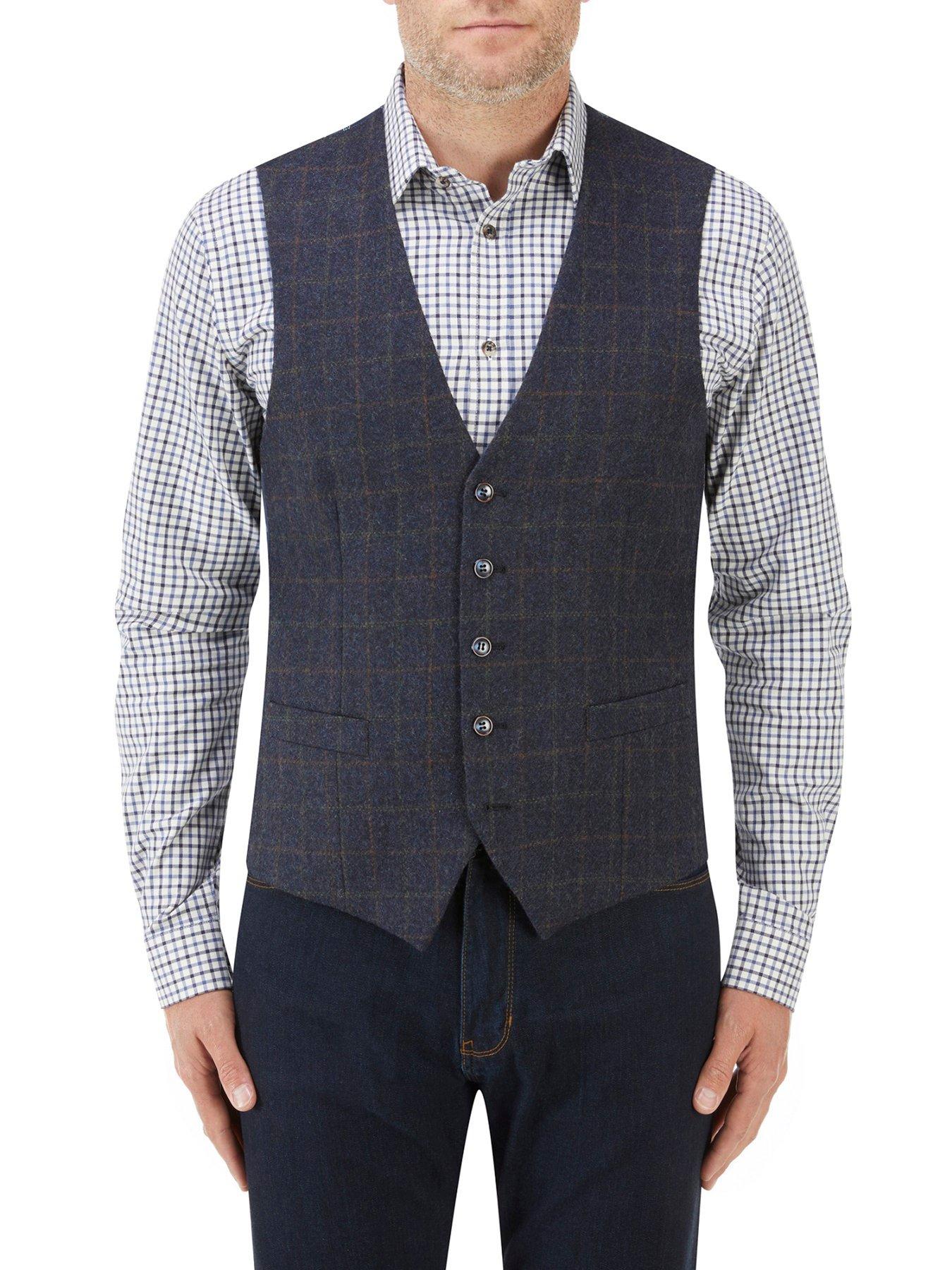 Suits & Blazers Hanagan Heritage Tweed 5 Button Waistcoat - Navy Check