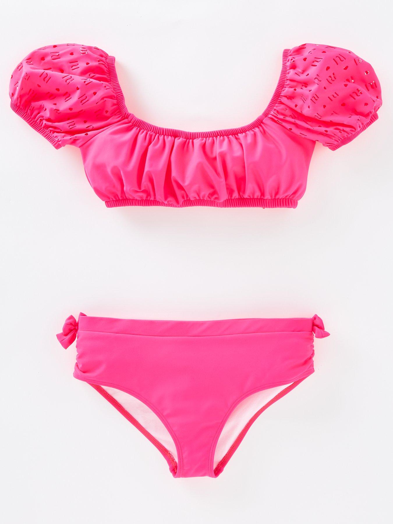 River Island Girls Puff Sleeve Swim-Pink | very.co.uk