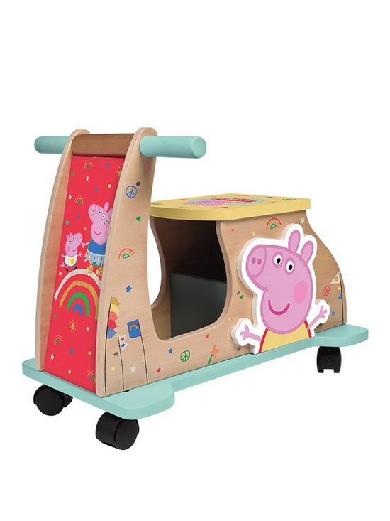 front image of peppa-pig-wooden-ride-on-scooter