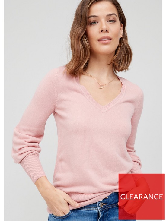 front image of v-by-very-knitted-super-soft-v-neck-deep-rib-hem-jumper-pink