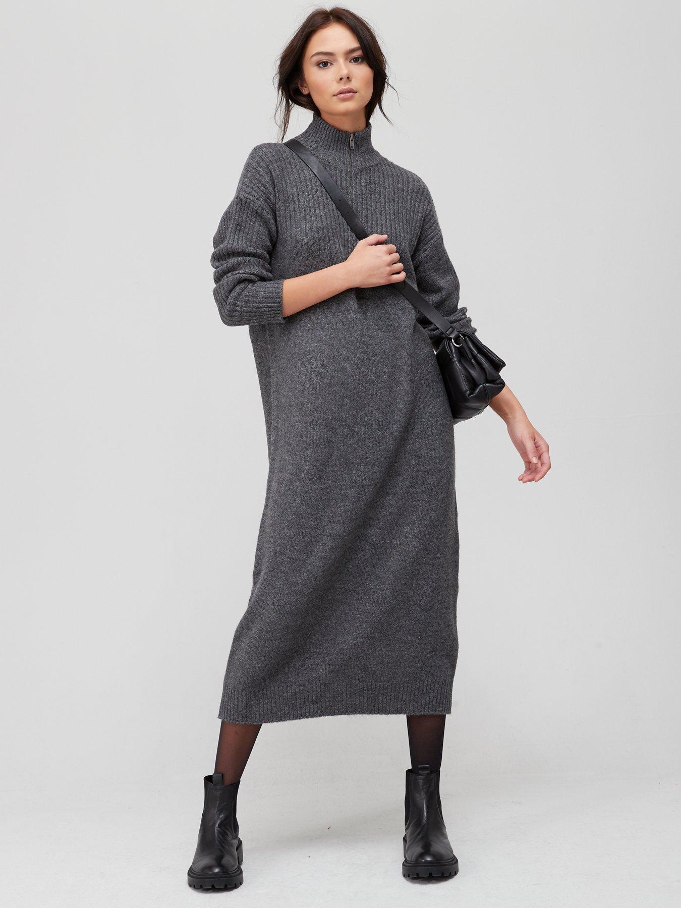  Knitted Quarter Zip Dress - Charcoal Marl