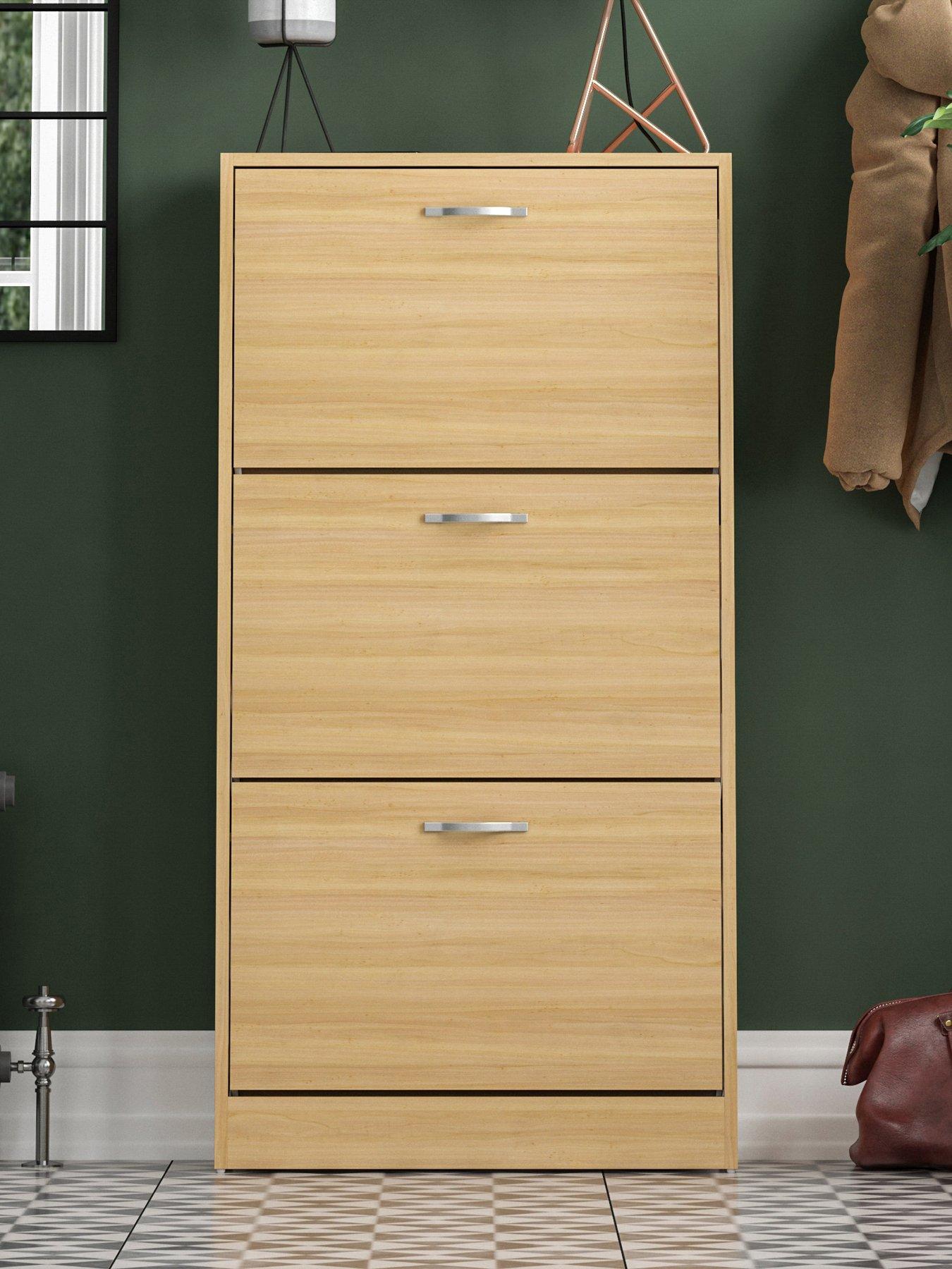 Grey Oak 3 Drawer Shoe Cabinet Hallway Storage With 6 Open Storage