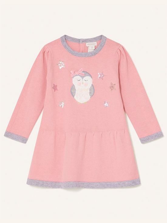 front image of monsoon-baby-girls-sew-owl-knitted-dress-pink