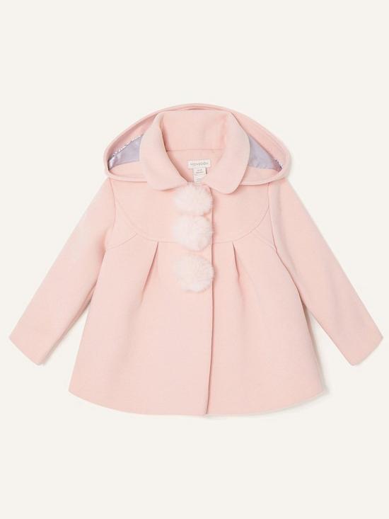 stillFront image of monsoon-baby-girls-pom-pom-coat-with-hood-pale-pink