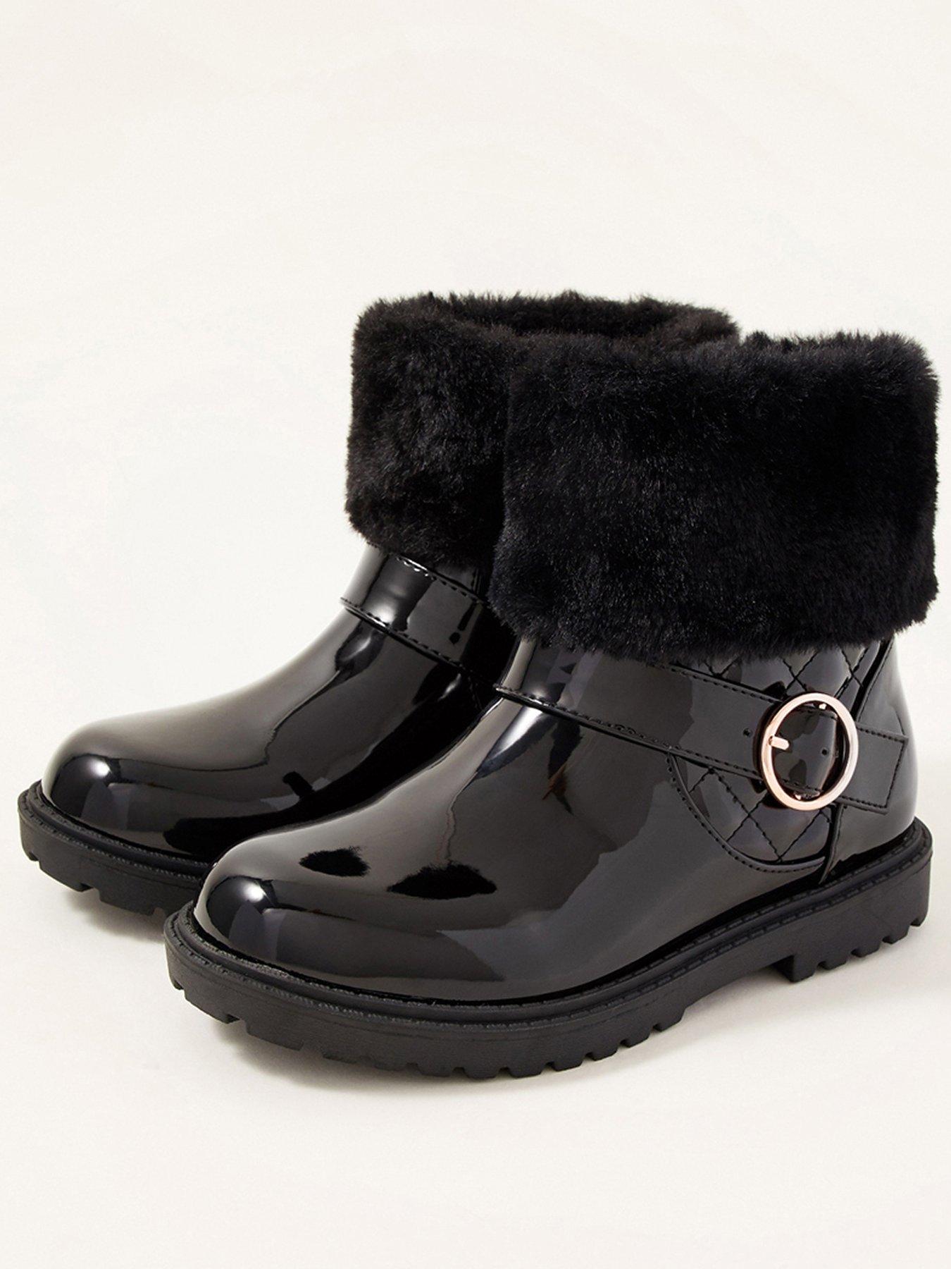 Kids Girls Patent Fur Trim Boots - Black