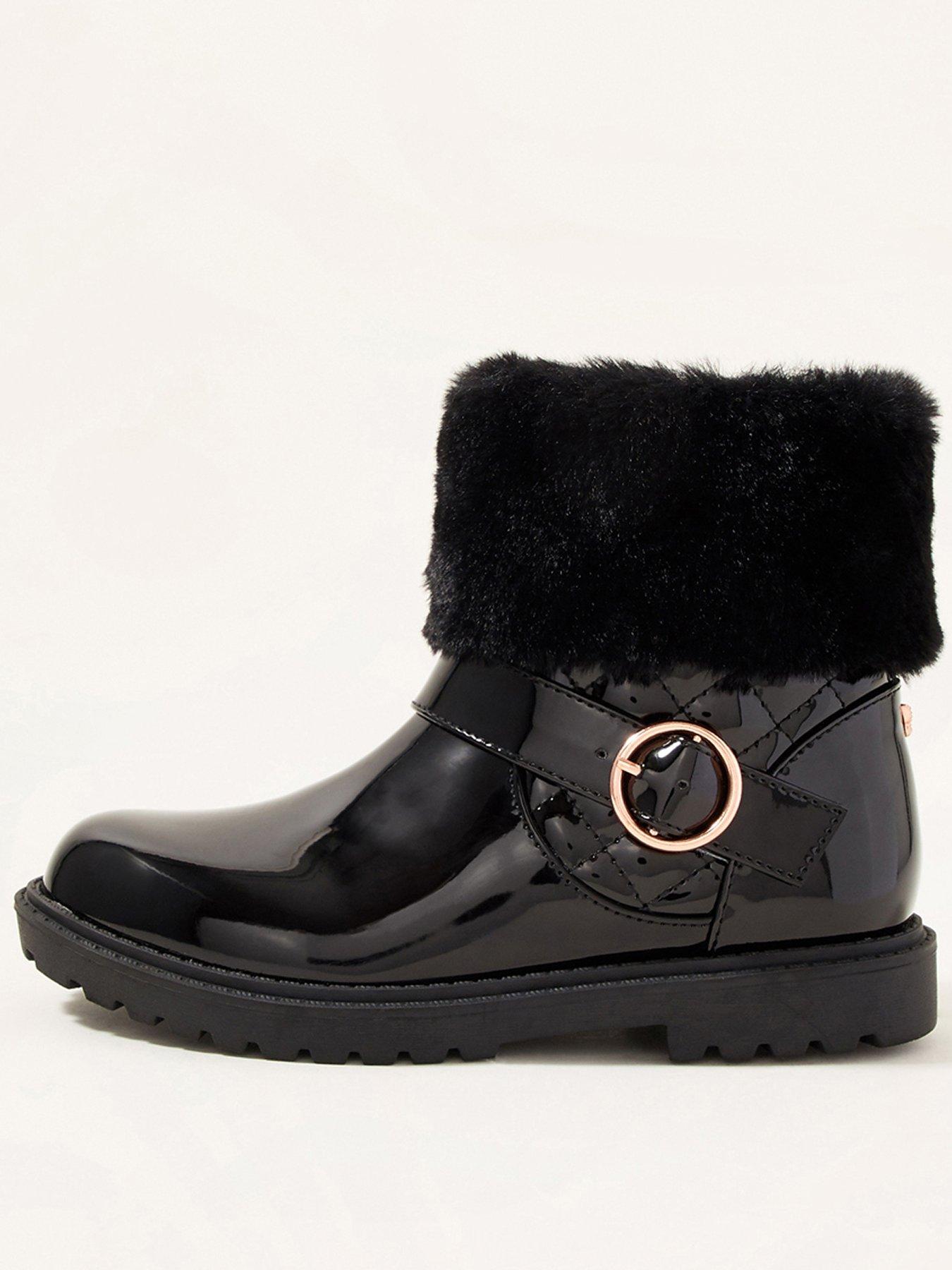 Kids Girls Patent Fur Trim Boots - Black