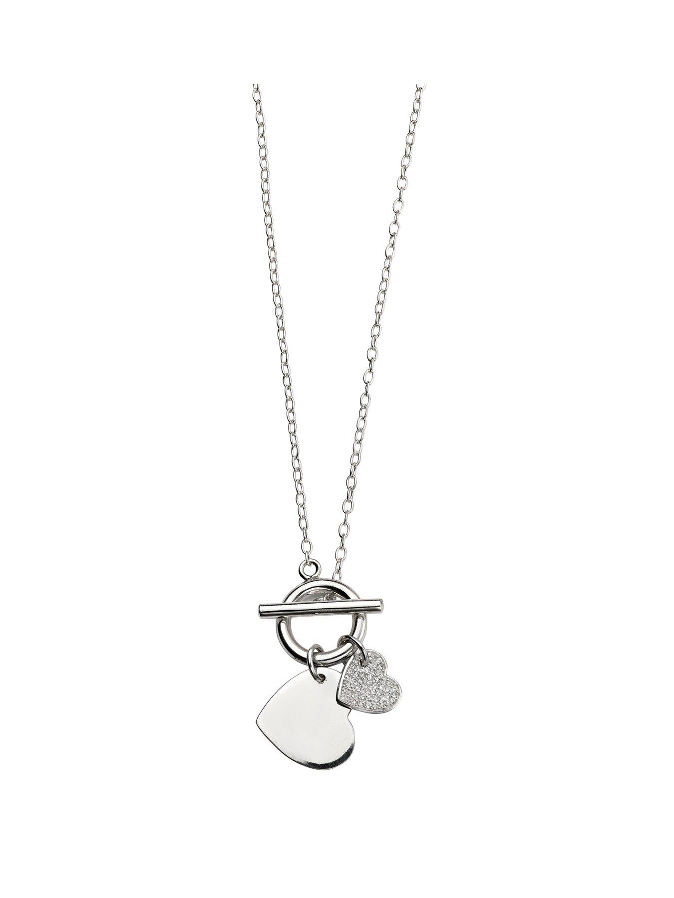  Sterling Silver T Bar Double Heart Necklace