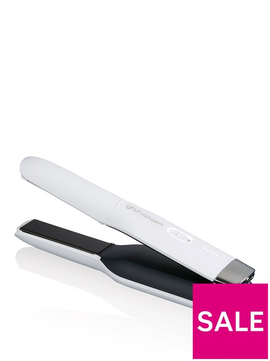 front image of ghd-unplugged-cordless-hair-straightener-white-charge-time-2-hours-using-any-usb-c-socket