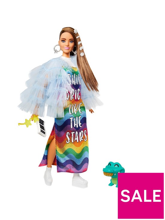 front image of barbie-extra-doll-in-blue-ruffled-jacketnbspand-rainbow-dress