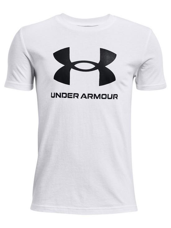 front image of under-armour-kids-sport-style-logo-t-shirt-white-black