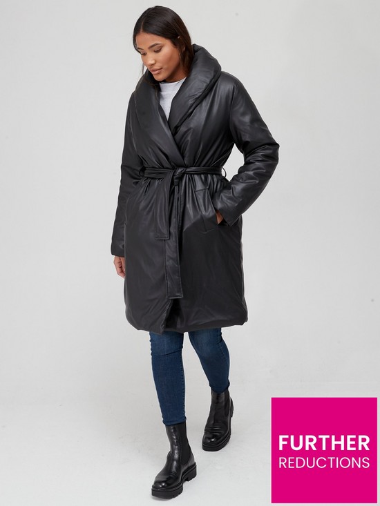 front image of v-by-very-shawl-collar-faux-leather-coat-black
