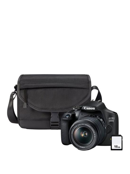 front image of canon-eos-2000d-dslr-camera-ef-s-18-55mm-is-lens-sb130-shoulder-bag-16gb-memory-card-kit-black