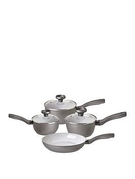 Product photograph of Prestige Earthpan 4 Piece Saucepan And Frying Pan Set - 16 18 20cm Saucepans With Toughened Glass Lids And 24cm Frying Pan from very.co.uk