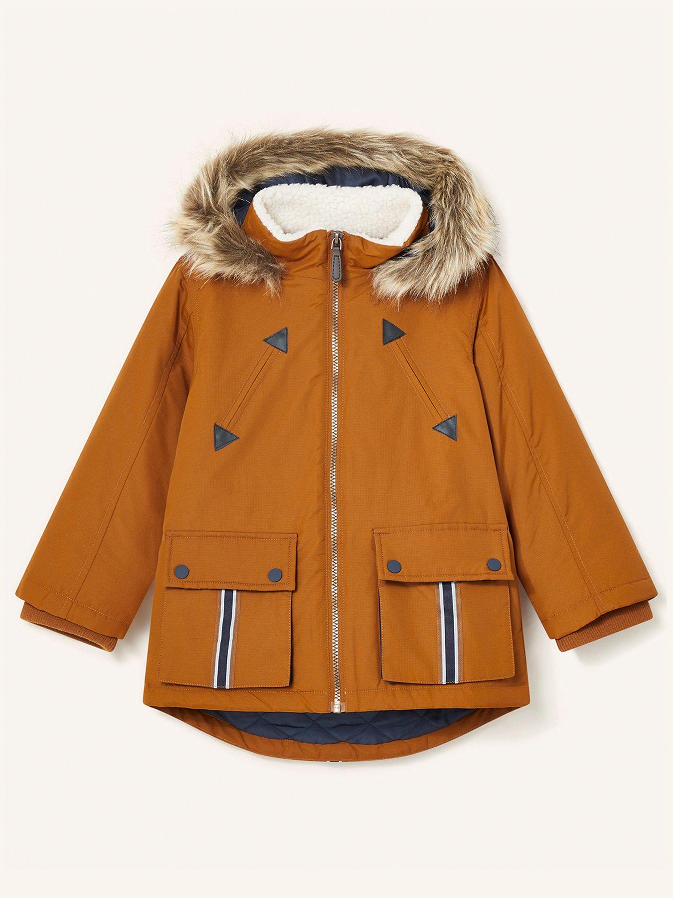 Kids Boys Parka Reflective Tape Coat With Hood - Brown