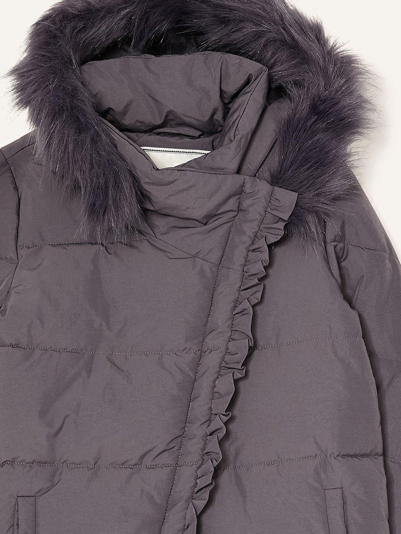  Girls S.e.w. Aysmetric Ruffle Coat With Hood - Grey