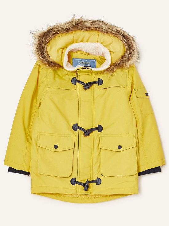 front image of monsoon-boys-duffle-trim-parka-coat-with-hood-mustard