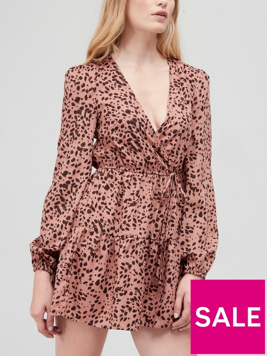 front image of missguided-animal-wrap-plunge-skater-dress-rust