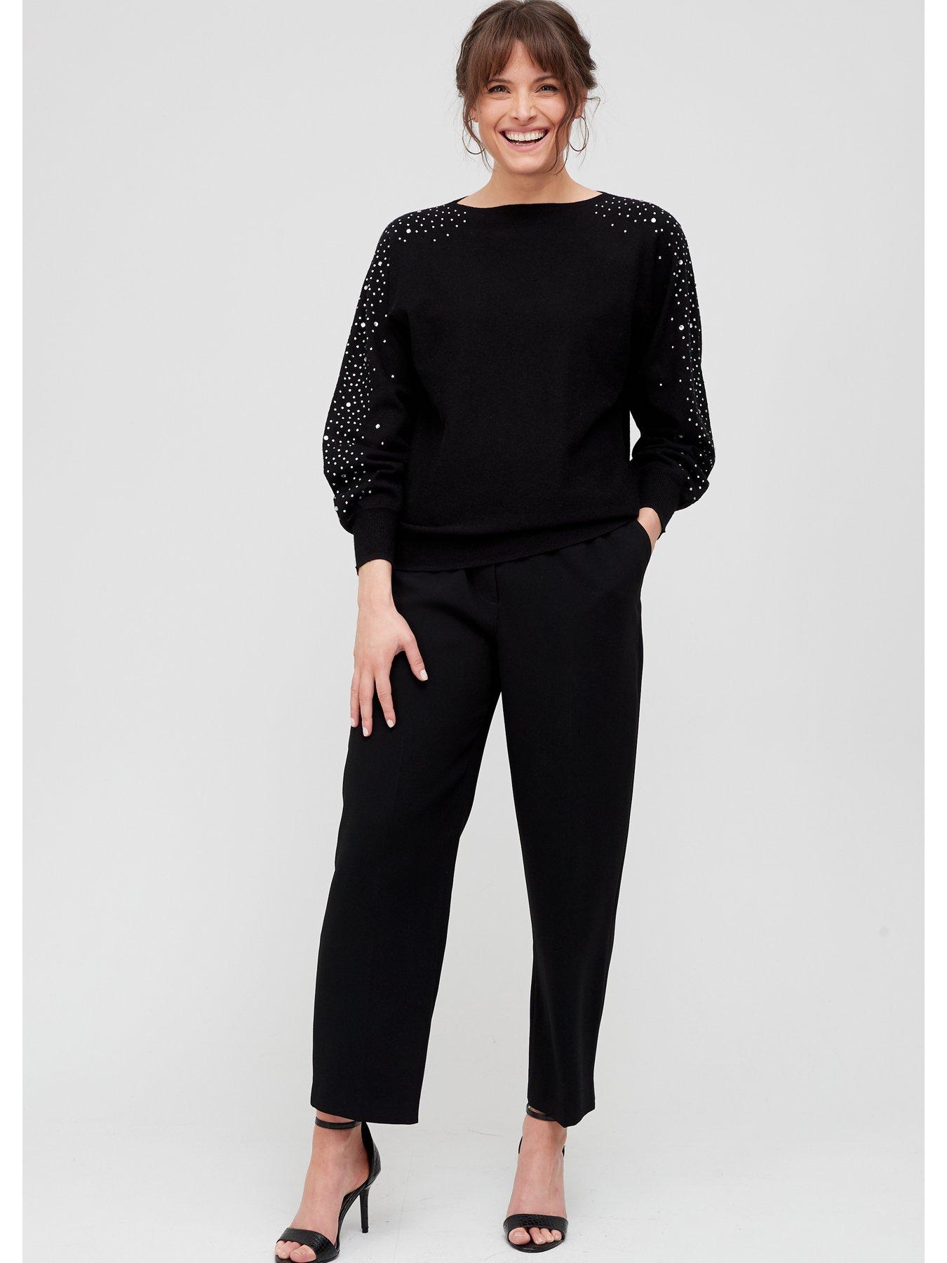  Embellished Sleeve Knitted Jumper - Black