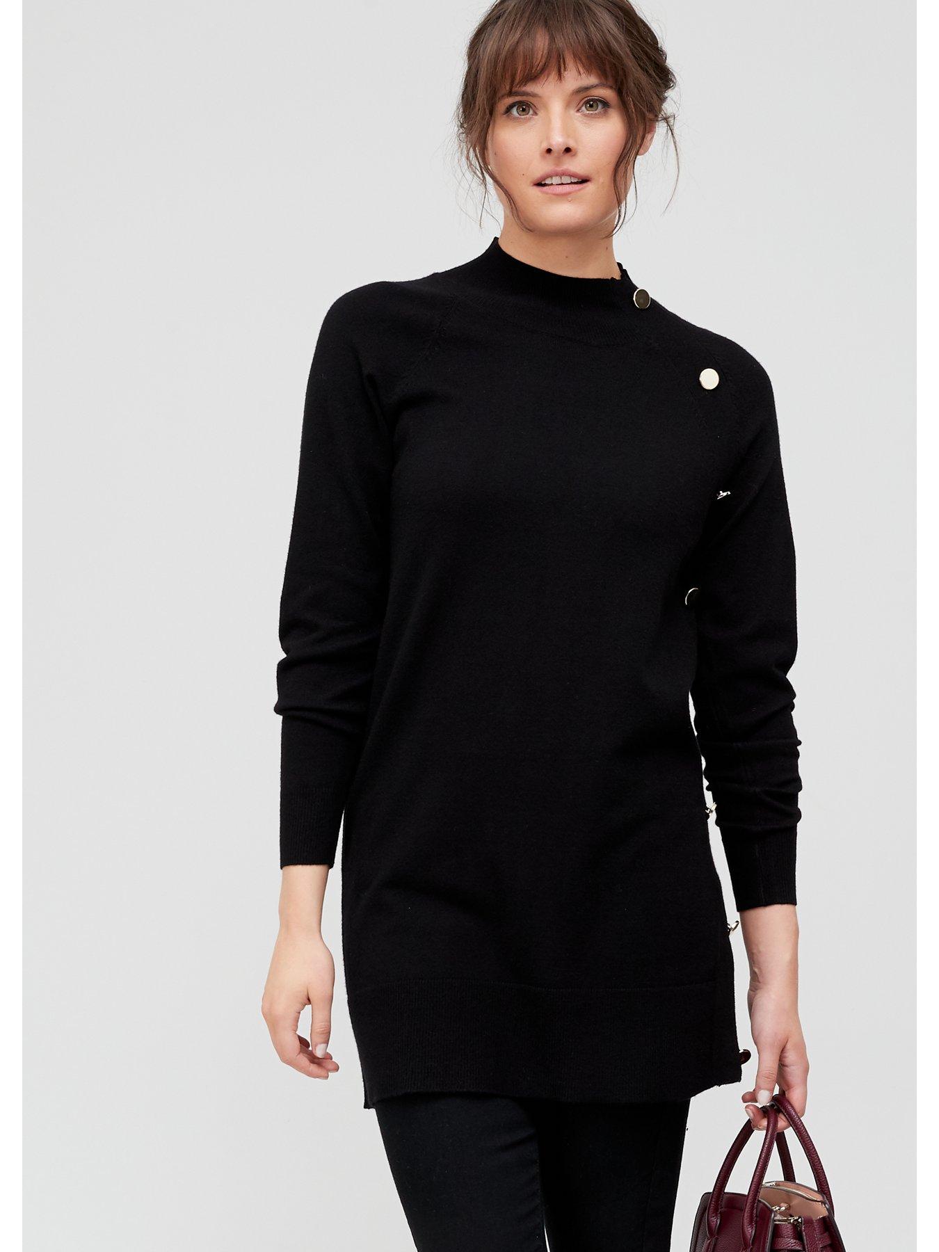  Button Side Knitted Tunic - Black