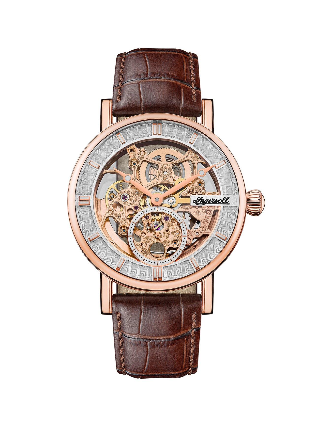 undefined 1892 The Herald Rose Gold and Grey Skeleton Dial Brown Leather Strap Automatic Mens Watch