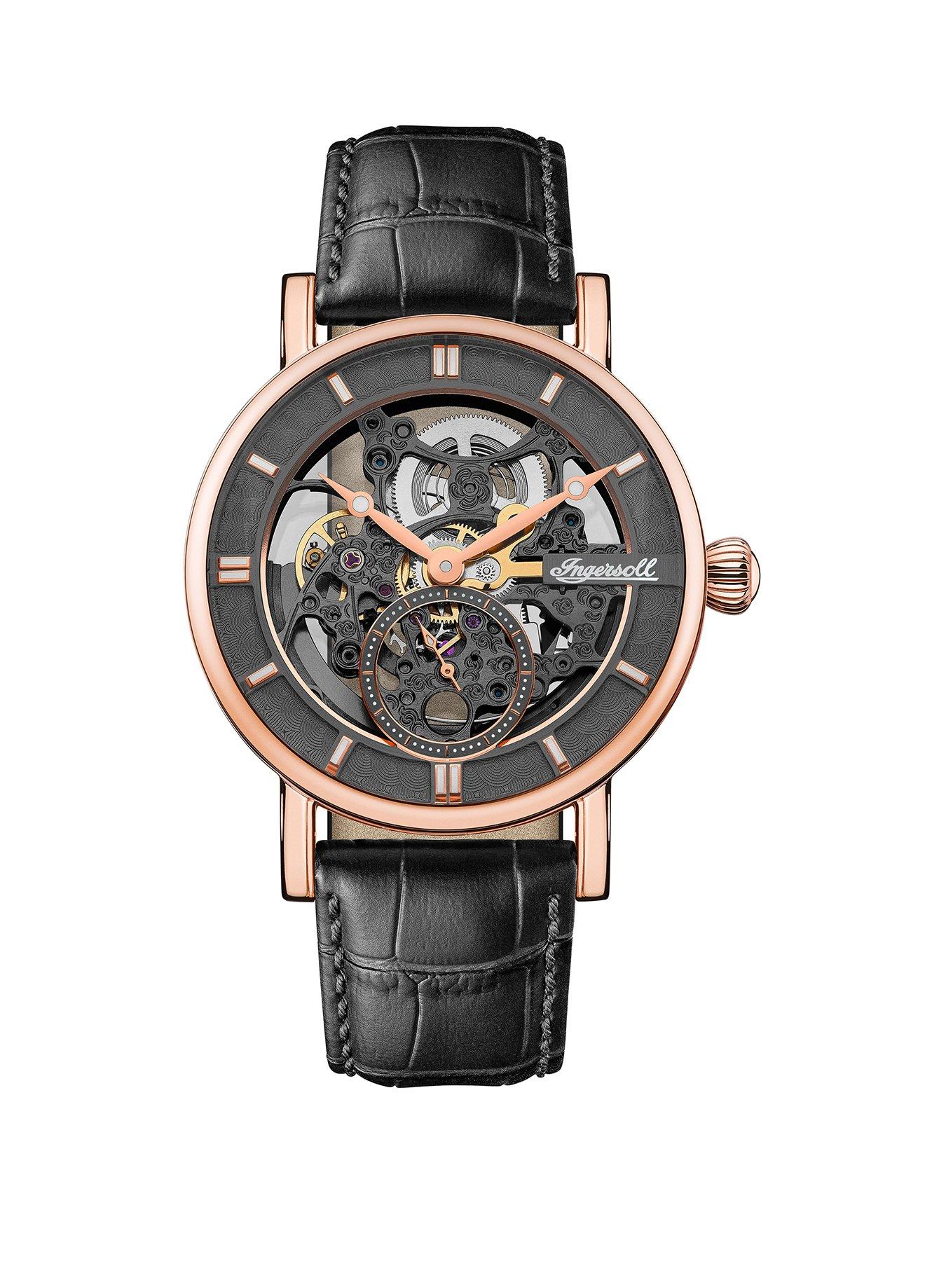 Ingersoll 1892 The Herald Black and Rose Gold Skeleton Dial Black Leather Strap Automatic Mens Watch