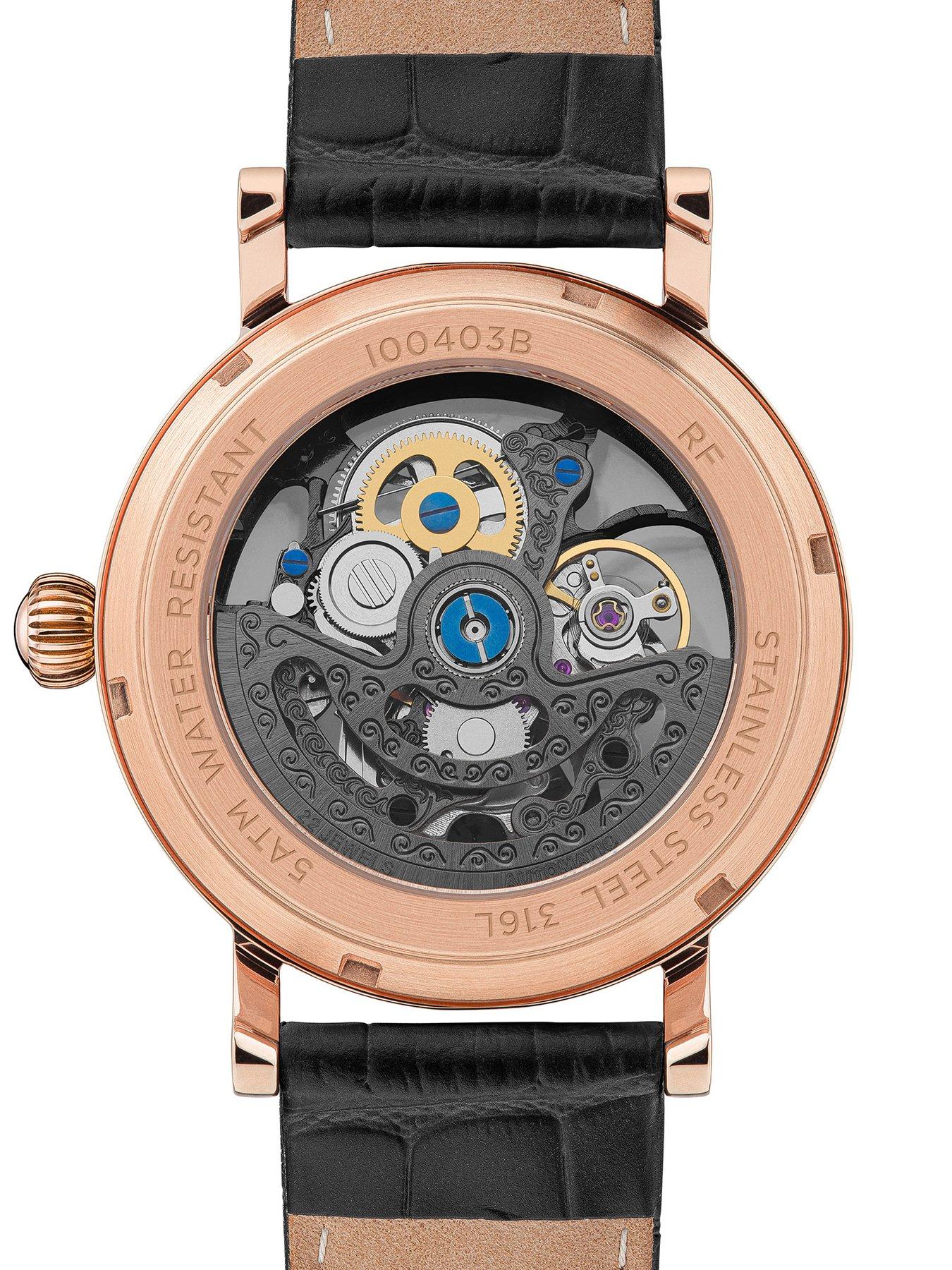  Ingersoll 1892 The Herald Black and Rose Gold Skeleton Dial Black Leather Strap Automatic Mens Watch