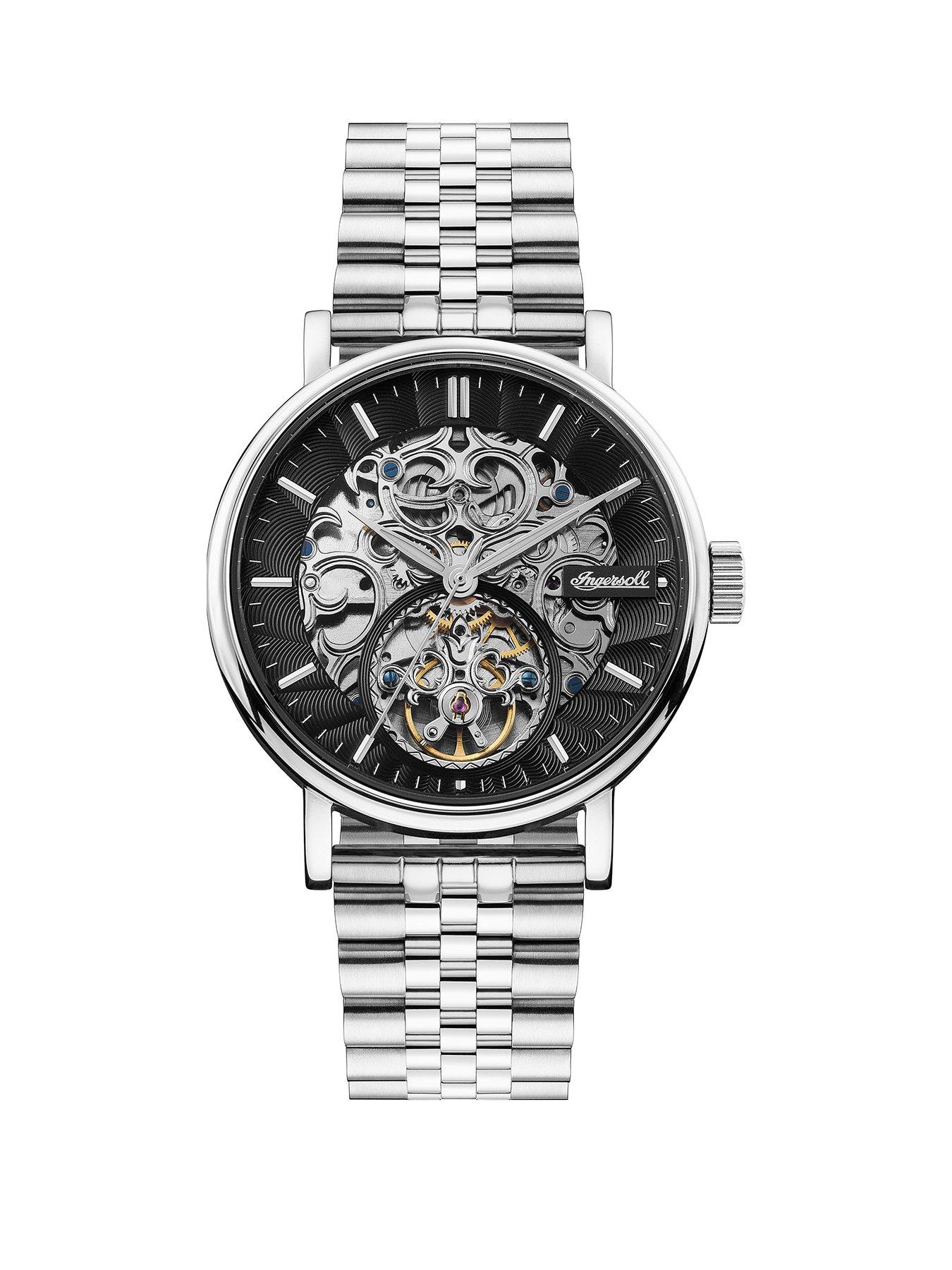  Charles Black and Silver Detail Skeleton Automatic Dial Stainless Steel Bracelet Mens Watch