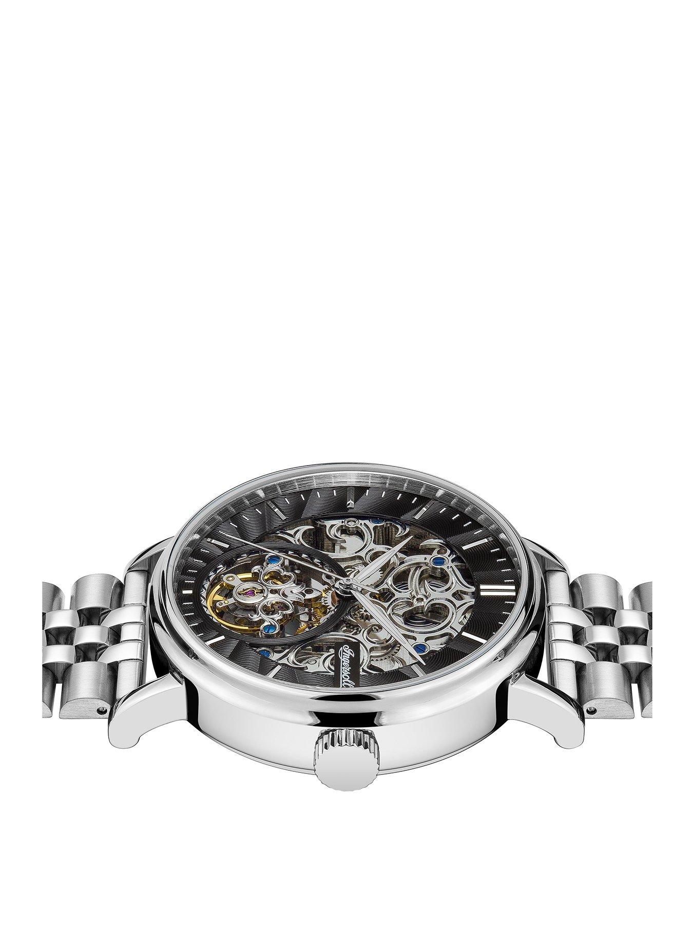  Charles Black and Silver Detail Skeleton Automatic Dial Stainless Steel Bracelet Mens Watch