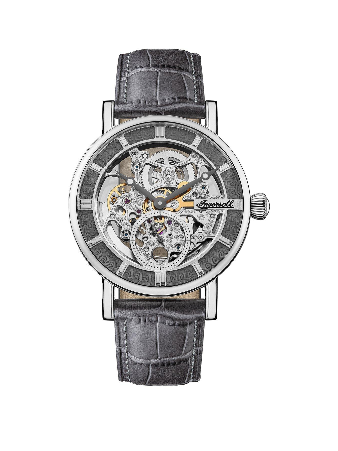 Product photograph of Ingersoll The Herald Silver And Grey Detail Skeleton Automatic Dial Grey Leather Strap Mens Watch from very.co.uk