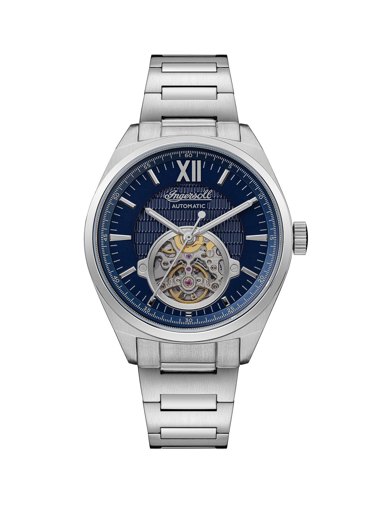 Men The Shelby Blue Skeleton Eye Automatic Dial Stainless Steel Bracelet Mens Watch