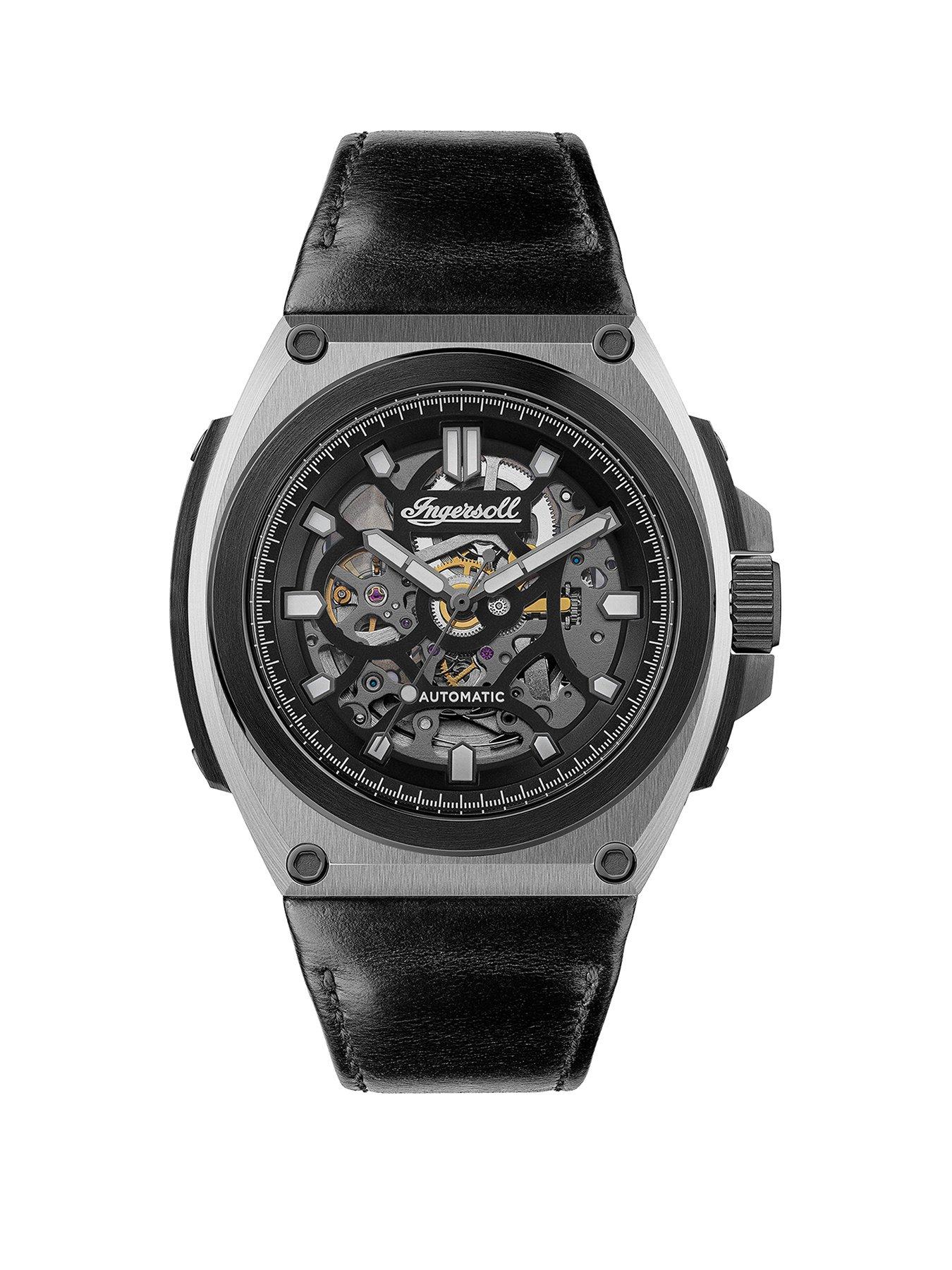 Jewellery & watches The Motion Black and Silver Detail Skeleton Automatic Dial Black Leather Strap Mens Watch