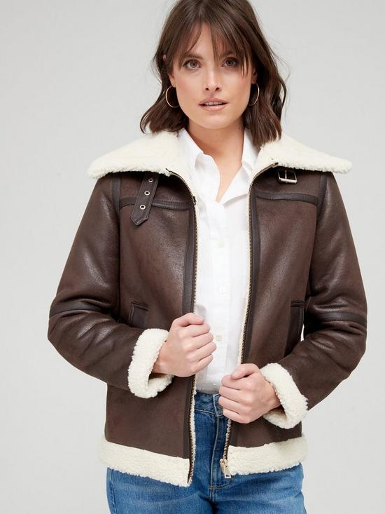 front image of v-by-very-faux-shearling-aviator-jacket-chocolate