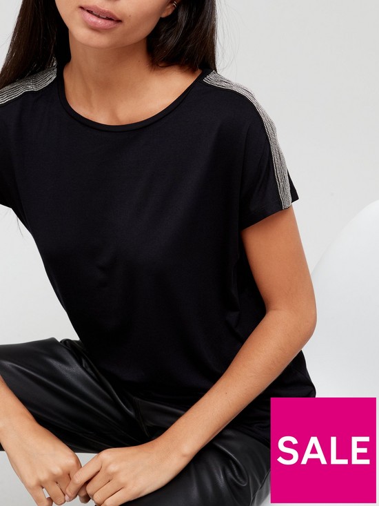 front image of v-by-very-shoulder-detail-t-shirt-black