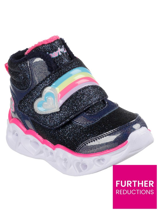 front image of skechers-heart-lights-lighted-rainbow-strap-boot