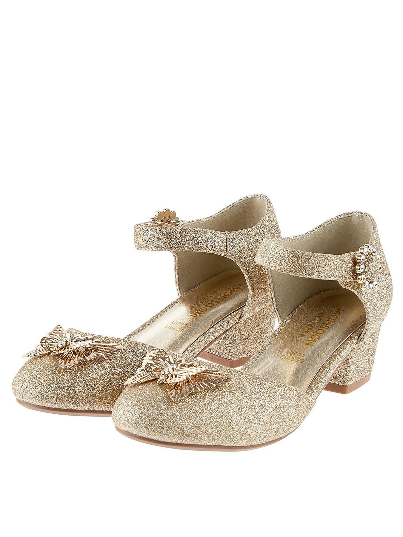 Kids Girls Butterfly Glitter Two Part Heel Shoes - Gold