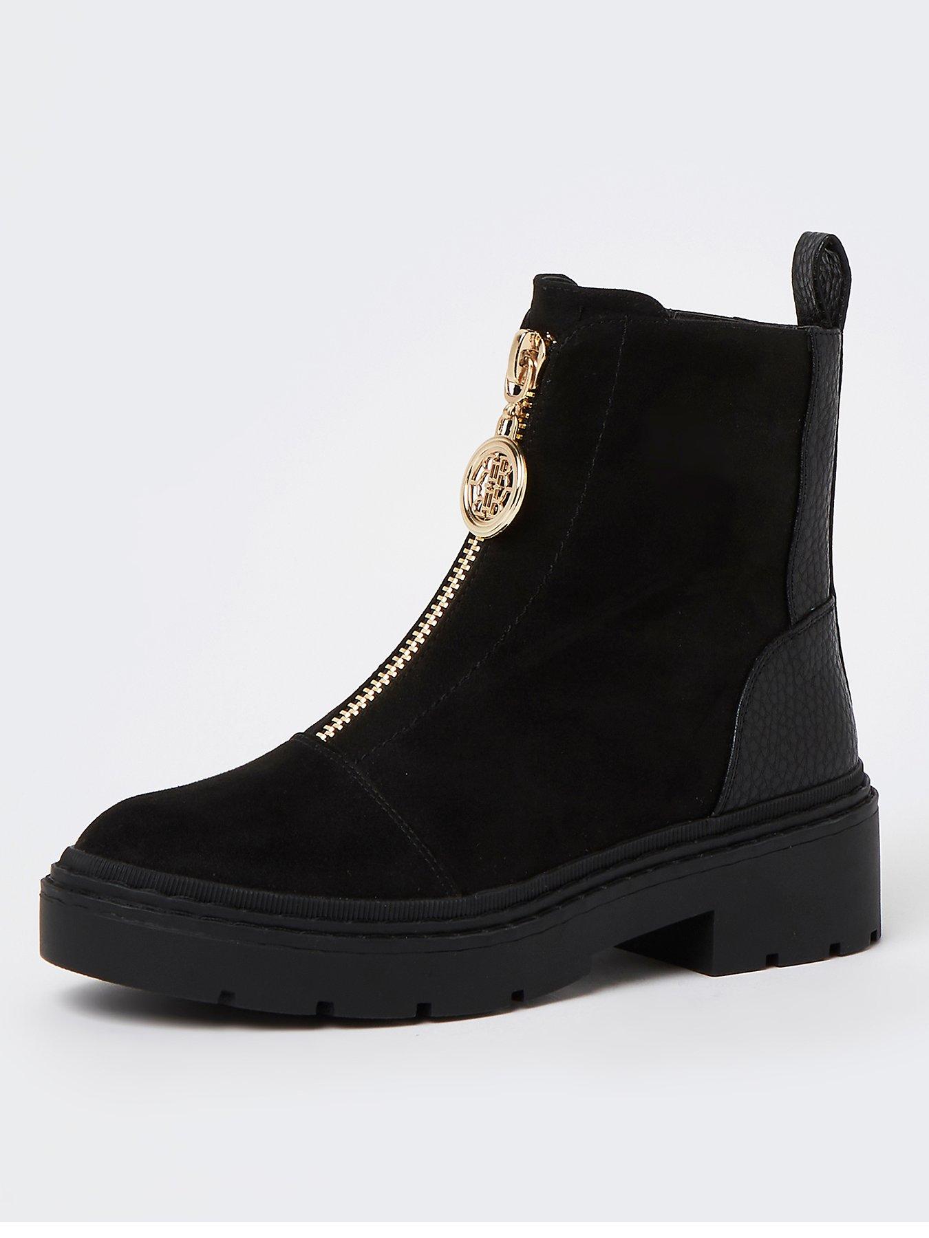 river island lace up flat hiker boot in black