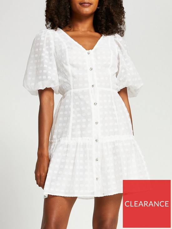 front image of river-island-short-sleeve-spotted-mesh-puff-sleeve-mini-dress-white