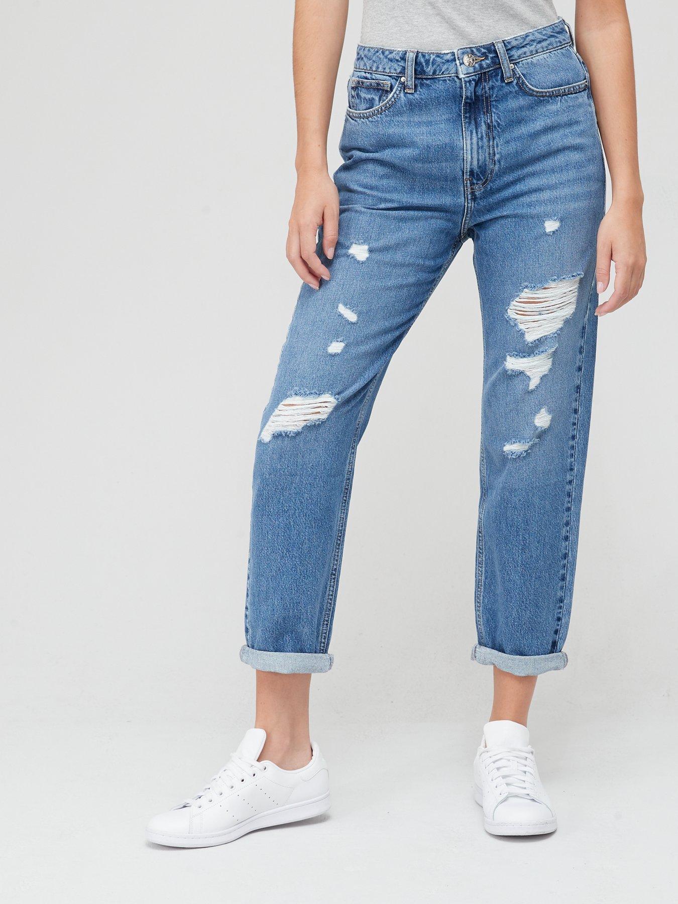 Women High Waist Mom Jean with Rips - Mid Wash