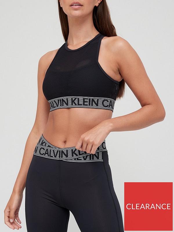 Calvin Klein Performance Logo Breathable Mesh Top Medium Support Sports Bra  - Black 